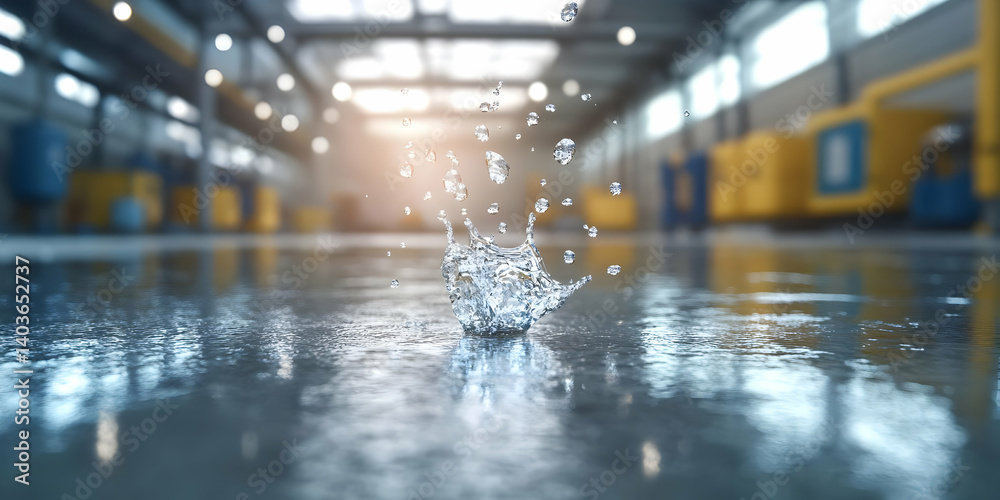 Water Splash on Gray Surface in a Brightly Lit Industrial Interior with Yellow and Blue Machinery in Soft Focus Background
