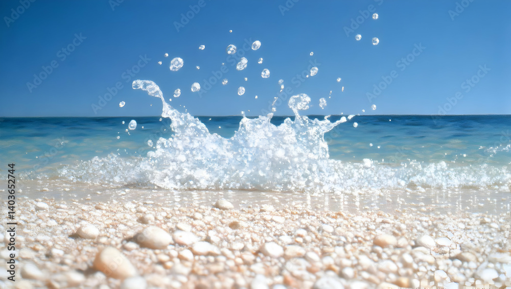 Water Splash on Pebble Beach Under Blue Sky on a Sunny Day with Turquoise Ocean