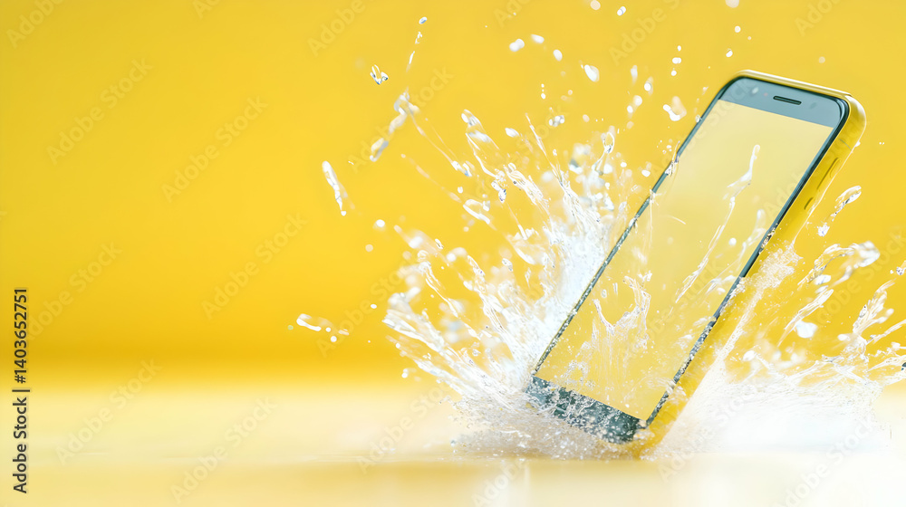 Water Splash on Yellow Smartphone with Clean Minimalist Background and Dynamic Motion