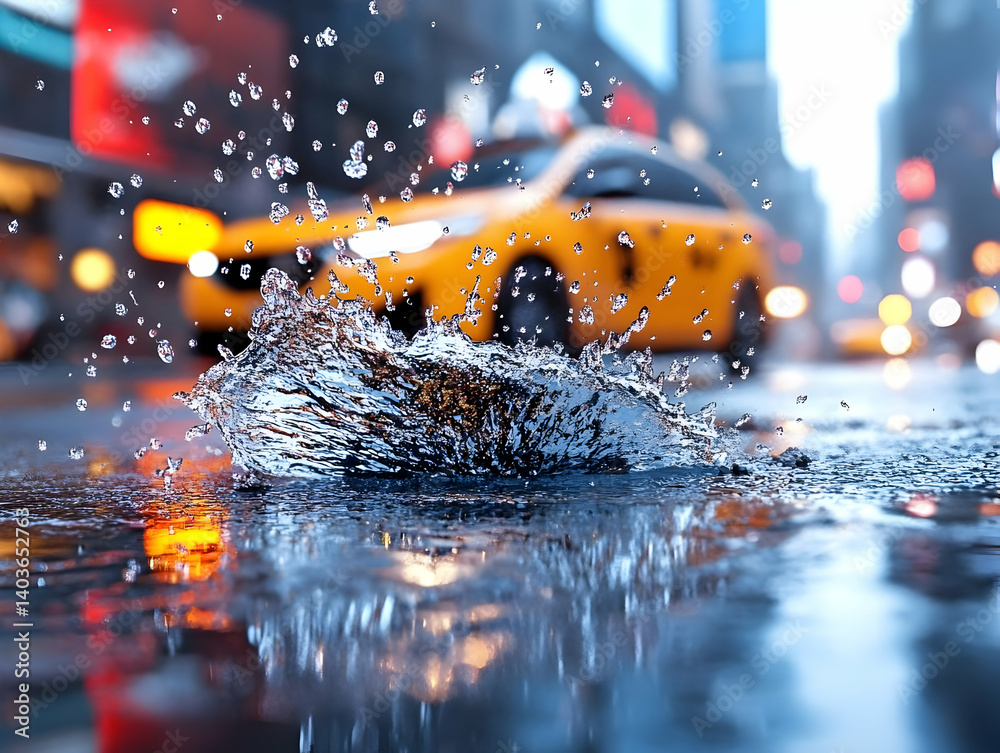 Water Splash on Wet Asphalt Reflecting Yellow Taxi in a Blurred Cityscape Urban Scene