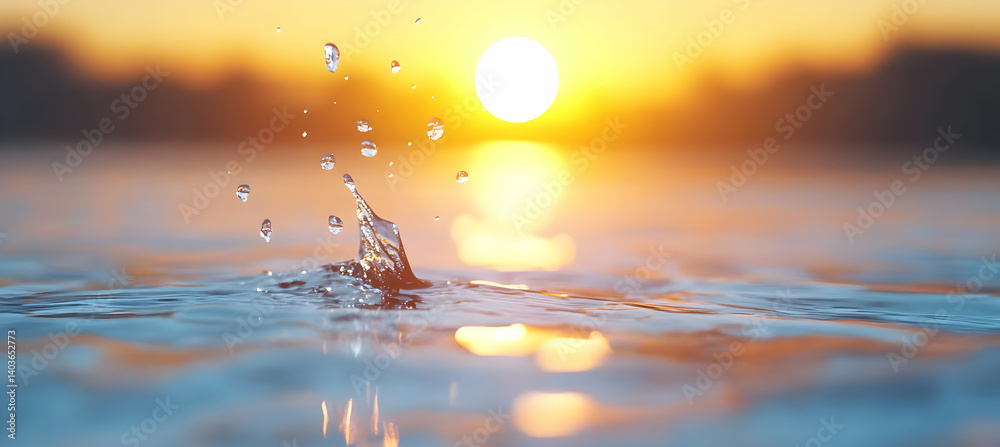 Water Splashes at Sunset Over Calm Golden Waters Beautiful Nature Landscape with Orange Sky