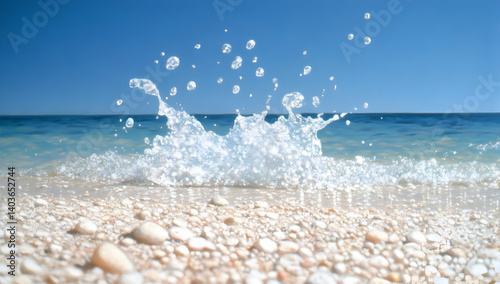 Obraz na płótnie Water Splash on Pebble Beach Under Blue Sky on a Sunny Day with Turquoise Ocean w salonie