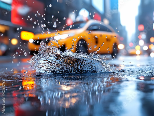 Water Splash on Wet Asphalt Reflecting Yellow Taxi in a Blurred Cityscape Urban Scene