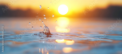 Obraz na płótnie Water Splashes at Sunset Over Calm Golden Waters Beautiful Nature Landscape with Orange Sky w salonie