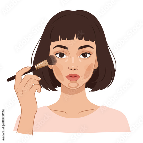Young woman applying makeup with a brush, showcasing beauty routine and style
