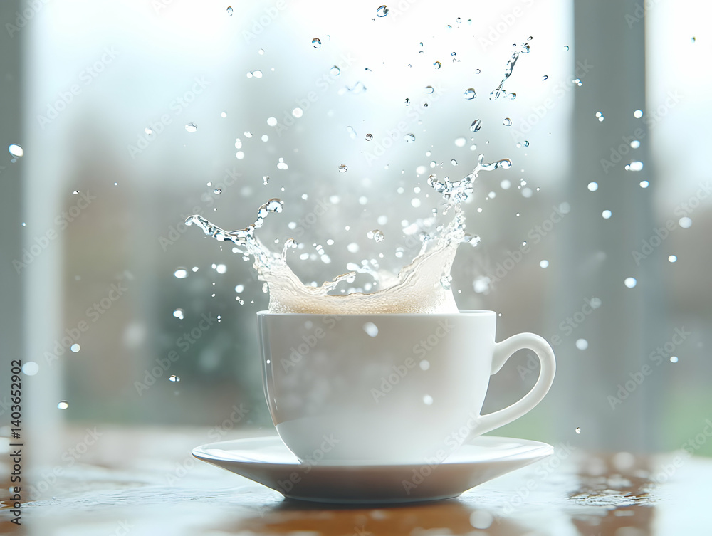 Water Splashing Out Of White Ceramic Coffee Cup On Saucer On Brown Wood Table With Blurry Background