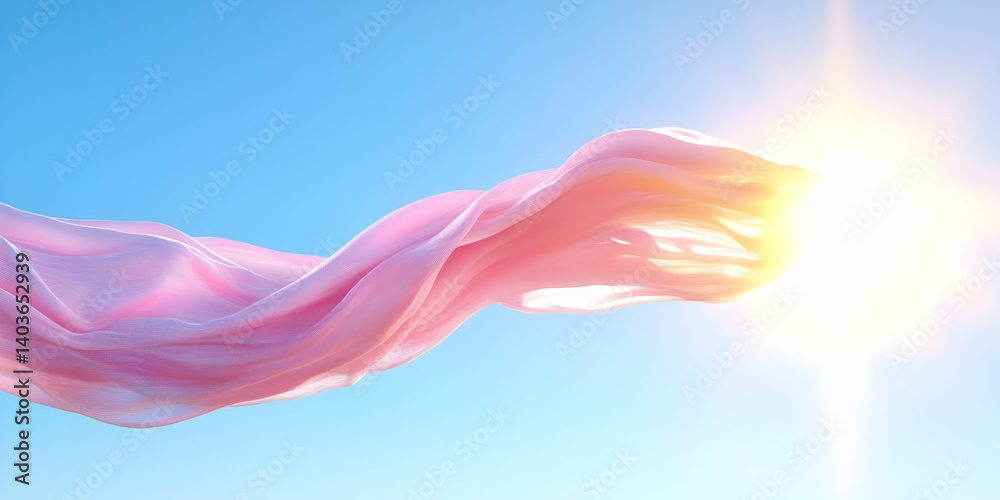 Wavy Pink Fabric Against Clear Sky with Sunlight Background in a Bright and Colorful Presentation