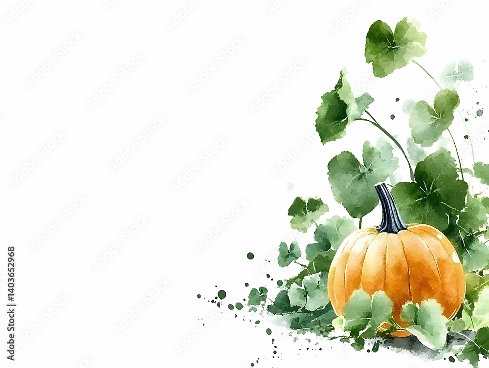 Watercolor Illustration of a Ripe Pumpkin Surrounded by Green Leaves on a White Background with an Artistic Vintage Style
