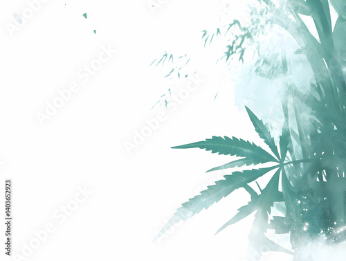 Watercolor Decorative Green Cannabis Plant with Blossoms on White Background