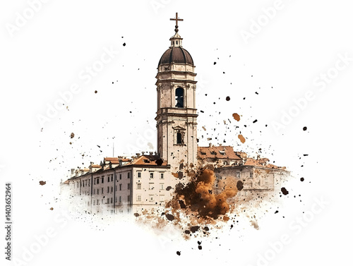 Watercolor Painting of an Old Church Building Architecture with Splatter Design in White Background