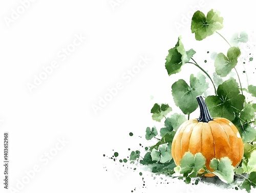 Watercolor Illustration of a Ripe Pumpkin Surrounded by Green Leaves on a White Background with an Artistic Vintage Style