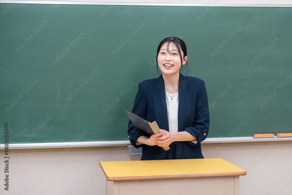 学校で教壇に立って授業をする若い女性教師 学校で教壇に立って授業をする若い女性教師