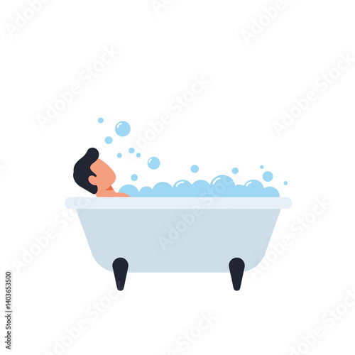 Person relaxing in a bathtub filled with bubbles and enjoying leisure time