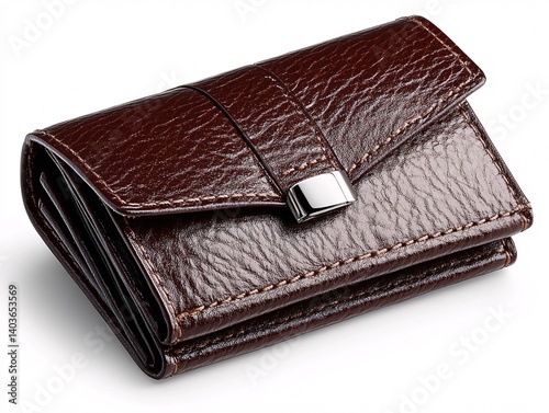 Elegant brown leather wallet with a modern metal clasp on a white background