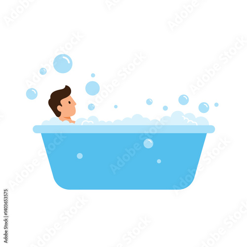 Boy enjoying a bubble bath in a blue tub filled with bubbles