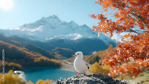 White Bird Resting on a Rock Facing Turquoise Lake and Majestic Mountains Under Blue Sky in Autumnal Landscape