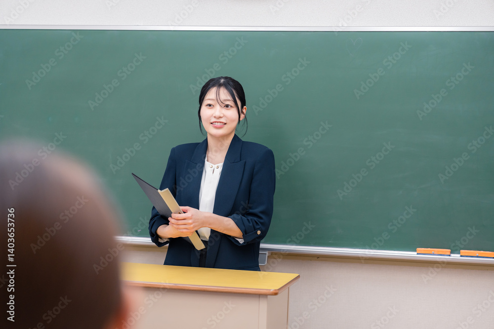 学校で教壇に立って授業をする若い女性教師 学校で教壇に立って授業をする若い女性教師
