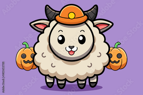 A cheerful sheep in a construction hat, happily carrying jack-o'-lanterns for a fun Halloween treat, with a vibrant purple background.