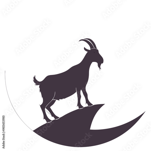 A majestic goat stands proudly atop a moonlit hill, a symbol of resilience and grace in a minimalist black silhouette design.