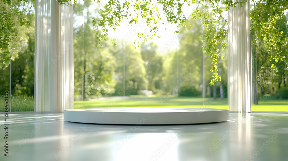 White Circular Podium Displaying Products Against a Blurred Green Nature Background with Sunlight and Glass Pillars White Circular Podium Displaying Products Against a Blurred Green Nature Background with Sunlight and Glass Pillars