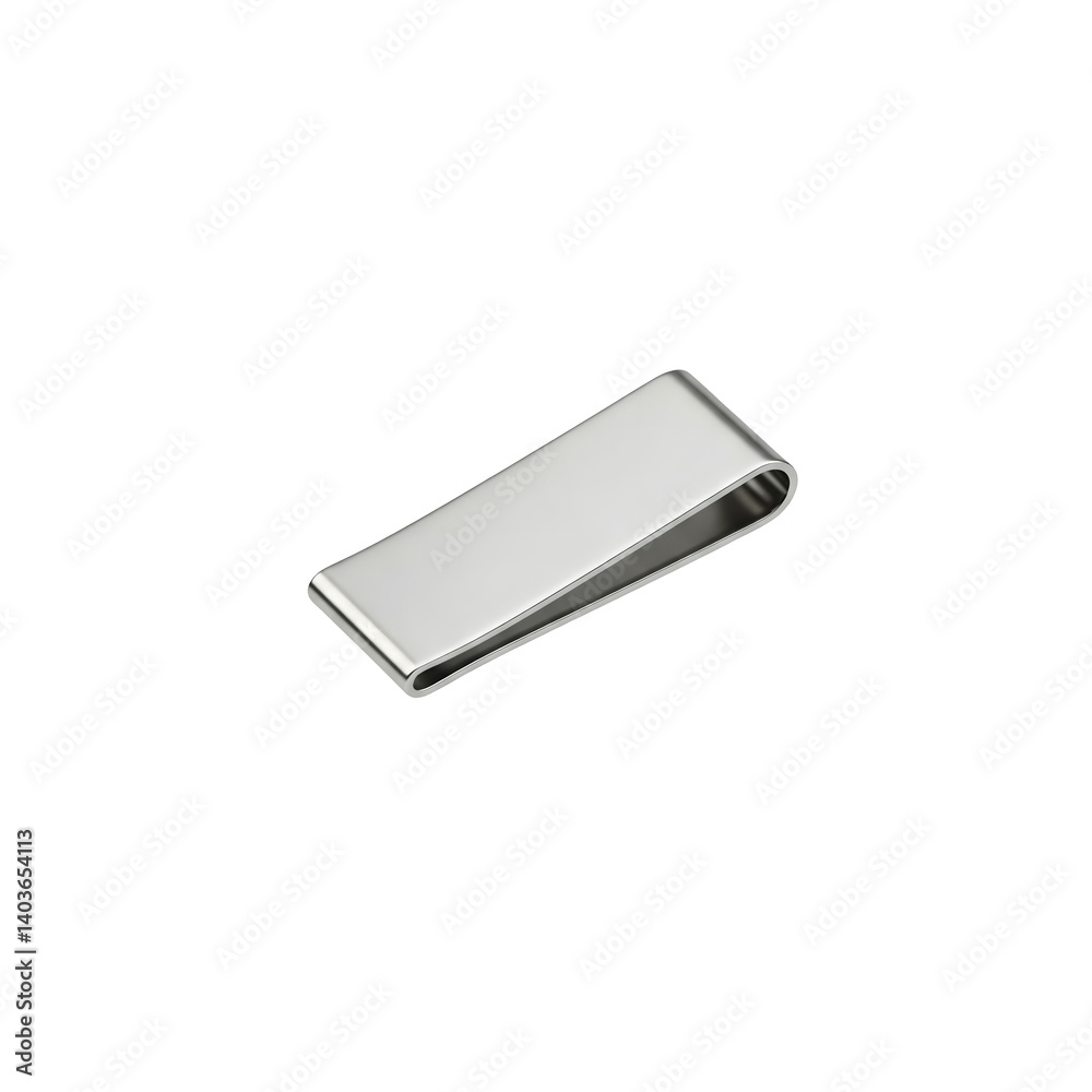 A silver money clip floating horizontally in mid-air against a solid white background A silver money clip floating horizontally in mid-air against a solid white background