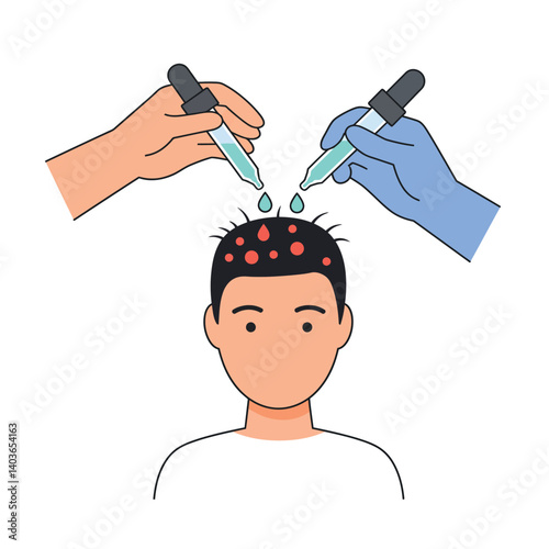 Two hands applying treatment drops to a mans scalp for hair restoration process