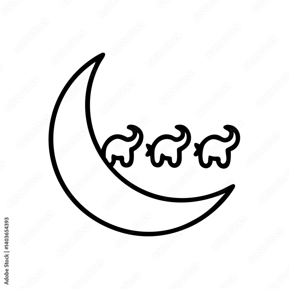 Three baby elephants playfully follow the crescent moon on a serene night, a whimsical black line art design. Three baby elephants playfully follow the crescent moon on a serene night, a whimsical black line art design.