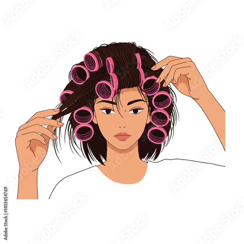 Young woman styling hair with pink rollers in preparation for an event