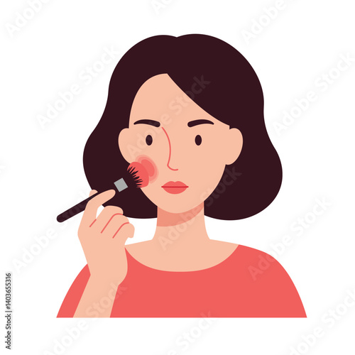 Woman applying blush makeup with a brush in a minimalist illustrated style