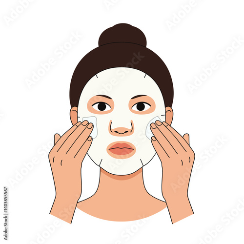 Woman applying facial mask while gently massaging her skin for relaxation and care