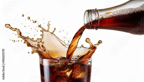 pouring cola from bottle into glass with splashing isolated white background