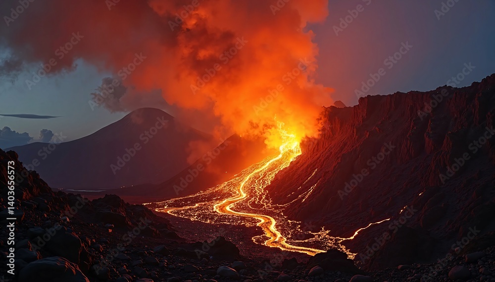 Fototapeta premium Eruption of Nature's Fury: Bright Orange Lava Cascading Down a Volcanic Landscape. 