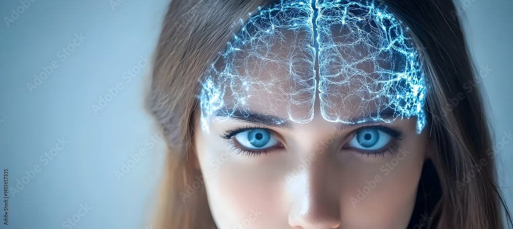 Woman with Digital Brain Overlay in Soft Light a Futuristic Concept Representing Artificial Intelligence and Cognitive Technology
