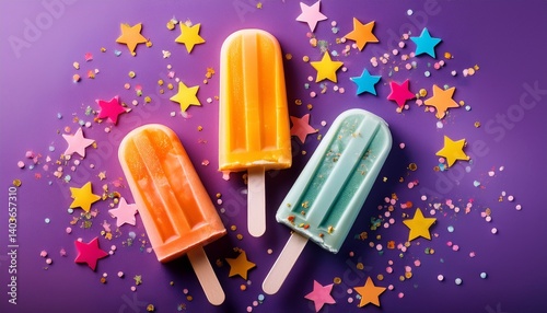 colorful popsicles on a purple background with stars and confetti in the background for a fun summer party