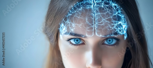 Obraz na płótnie Woman with Digital Brain Overlay in Soft Light a Futuristic Concept Representing Artificial Intelligence and Cognitive Technology w salonie