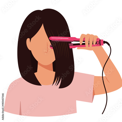 Young woman using hair straightener to style her hair at home