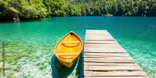 Wooden Boat Docked Near Pier with Crystal Clear Turquoise Water and Lush Green Trees in Lake Simcoe Ontario Canada