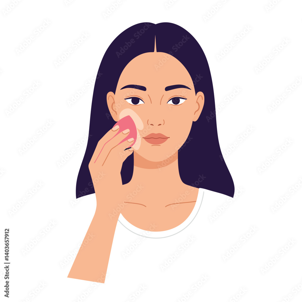 Woman applying makeup with beauty sponge on her face in a bright setting Woman applying makeup with beauty sponge on her face in a bright setting