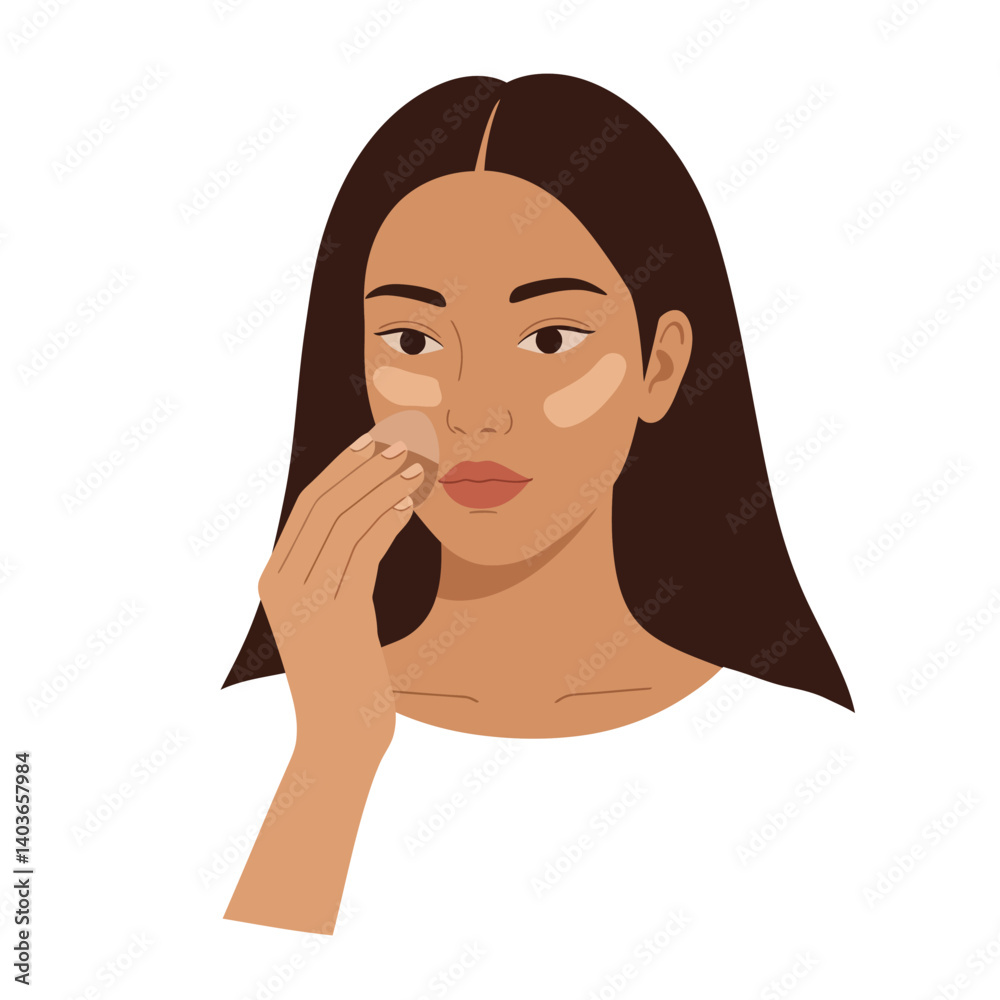 Woman applying skincare product with a focused expression and smooth skin texture