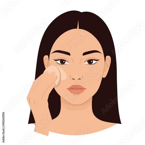 Woman applying makeup with a sponge on her face in a clean, simple style