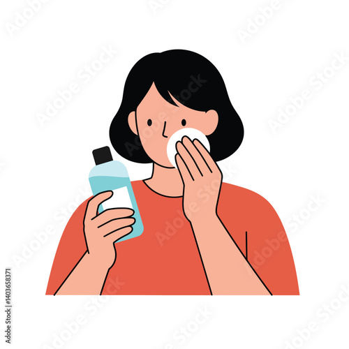 Woman applying toner to her face with cotton pad in a skincare routine