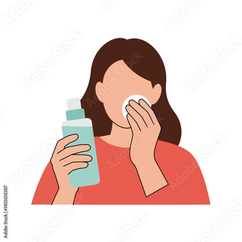 Woman applying skincare product using cotton pad in a minimalistic style