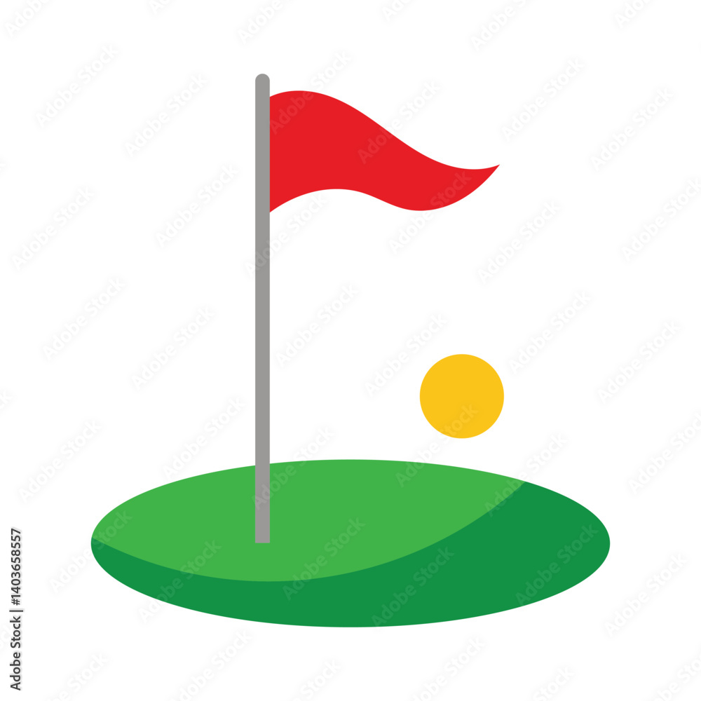 Fototapeta premium Simple golf hole with flag and sun illustration.