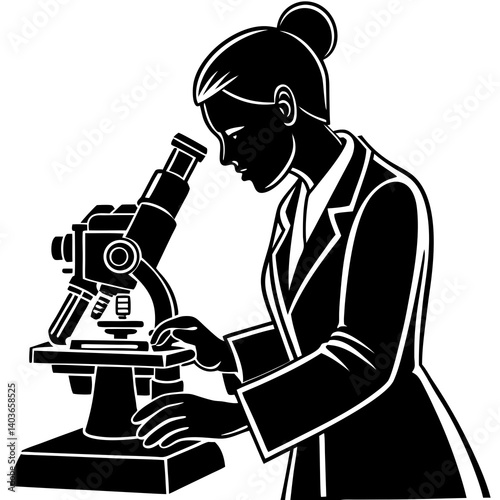 A silhouette of a woman laboratory technician adjusting a microscope’s magnification dial