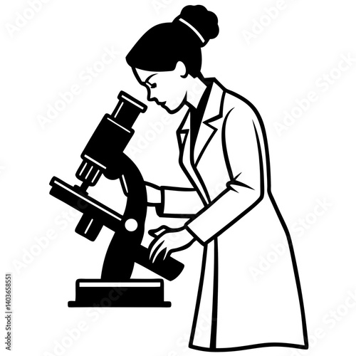 A silhouette of a woman laboratory technician adjusting a microscope’s magnification dial