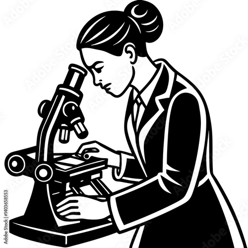 A silhouette of a woman laboratory technician adjusting a microscope’s magnification dial