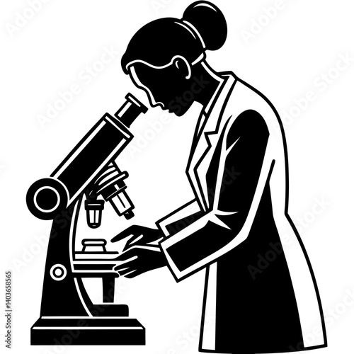 A silhouette of a woman laboratory technician adjusting a microscope’s magnification dial