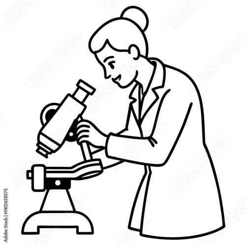 A silhouette of a woman laboratory technician adjusting a microscope’s magnification dial