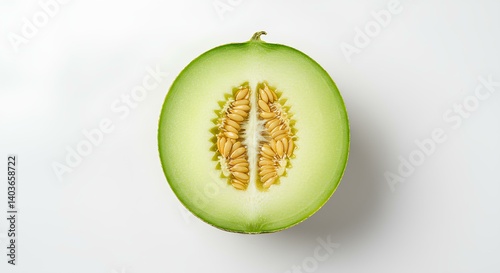 honeydew melon fruit sliced in half top view flat lay isolated on white background with shadow. Fresh honeydew melon fruit isolated on white background for healthy eating and summer fruit designs