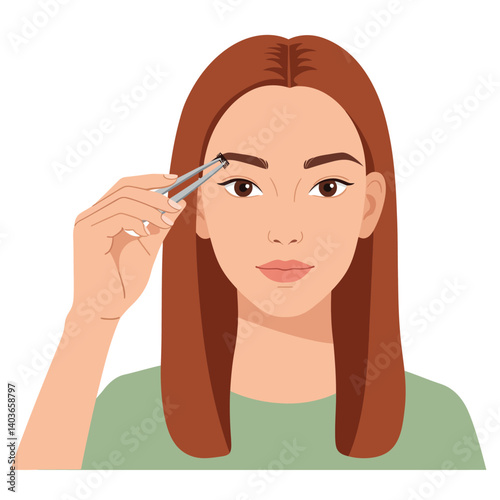 Woman using tweezers to groom eyebrows in a simple, clean setting